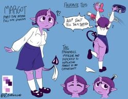 ass assisted_exposure bandage bottomwear breasts clothed clothing clothing_lift d-monomicon demon dialogue dildo english_text female footwear fully_clothed hi_res horn humanoid living_tail margot_and_tail_(d-monomicon) not_furry panties purple_body sex_toy shirt shoes skirt skirt_lift socks solo spade_tail tail text topwear underwear unusual_anatomy unusual_tail