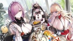 3girls apron azur_lane bare_shoulders black_dress black_gloves black_hair blonde_hair blue_eyes blush braid breasts cake cake_slice cg cleavage closed_mouth collarbone copyright_name cup detached_collar detached_sleeves dress eating elbow_gloves food fork frills fruit gloves hair_over_one_eye holding holding_fork holding_plate horns howe_(azur_lane) howe_(pastry_princess)_(azur_lane) indoors jewelry knife large_breasts long_hair long_sleeves looking_at_viewer maid maid_headdress mechanical_horns multiple_girls noshiro_(azur_lane) noshiro_(hold_the_ice)_(azur_lane) official_alternate_costume official_art omelet omurice penelope_(azur_lane) penelope_(salty_maid)_(azur_lane) plate puffy_sleeves purple_eyes purple_hair short_hair sitting smile spoon strawberry table teacup tray twintails very_long_hair white_gloves