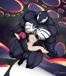 alien alien_humanoid anon ass bald balls big_muscles black_body digital_media_(artwork) duo emblem empty_eyes erection genitals hi_res hot_dogging human humanoid humanoid_genitalia humanoid_penis long_penis lsdxiii male male/male mammal marvel moobs muscular nipples not_furry nude penis sex size_difference smile symbiote venom_(marvel)
