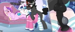 absurd_res alicorn balls being_watched blush cel_shading clothing collar crystal cuckquean dialogue digital_drawing_(artwork) digital_media_(artwork) dress english_text equid equine female feral friendship_is_magic from_behind_position furniture gay_in_front_of_girls genitals group hasbro hi_res horn horse imminent_sex king_sombra_(mlp) leash looking_at_another male male/male mammal mounting my_little_pony mythological_creature mythological_equine mythology penis pony princess_cadance_(mlp) quadruped sex shaded shining_armor_(mlp) sofa speech_bubble sunrise_hooves text trio wings