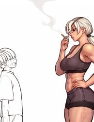 1boy 1girls abs chainsaw_man cigarette eyepatch female male monochrome muscular muscular_female quanxi_(chainsaw_man) redteneri reference sweat taller_female taller_girl