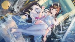 azur_lane bare_shoulders black_hair blue_dress blue_eyes blue_flower blunt_bangs blush breasts brown_hair cg china_dress chinese_clothes copyright_name dress feather_boa feet female flower full_body hair_bun hair_flower hair_ornament halo holding horns long_hair looking_at_viewer lying medium_breasts mole mole_under_eye no_shoes noshiro_(azur_lane) noshiro_(fragrance_of_the_eastern_snow)_(azur_lane) official_alternate_costume official_art on_back parted_lips purple_eyes shawl sidelocks sleeveless sleeveless_dress snowflakes solo thighhighs thighs toes very_long_hair white_thighhighs