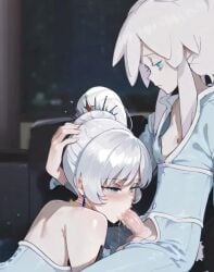 ai_generated black_mask blue_eyes blush cat_ears cat_tail colored_eyelashes deux_murasame dildo_under_mask fellatio freckles grey_hair gundam gundam_gquuuuuux hair_bun highres long_hair male male_only mask masked mouth_mask nimona1491_(artist) penis petite purple_pupils rwby shoulder_blades simple_background small_penis updo weiss_schnee white_background white_eyelashes white_hai