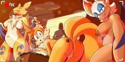 anthro areola ass backsack balls bandai_namco bangs bat blue_eyes bodily_fluids breast_tuft breasts brown_areola brown_nipples butt_tattoo canid canine cheek_tuft chest_tuft closed_eyes coal digimon digimon_(species) ear_clip ear_piercing eyelashes eyeliner facial_tuft featureless_breasts featureless_crotch female fluffy fox fur gauged_ear genitals green_eyes group gynomorph hair hi_res human inner_ear_fluff intersex jojo_hernandez leg_markings looking_at_viewer makeup mammal markings membrane_(anatomy) membranous_wings navel nipples piercing recording recording_device renamon rouge_the_bat sauna sega shadow shadowy_figure sharp_teeth signature slightly_chubby smile sonic_the_hedgehog_(series) steam sweat tails tan_body tan_fur tan_skin tattoo teeth thigh_markings tongue tongue_out towel trans_(lore) trans_woman_(lore) trio tuft two_tail water white_body white_fur white_hair wings yellow_body yellow_fur
