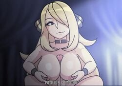 1boy 1girls animated big_penis blonde_hair blue_background bouncing_breasts breasts choker cynthia_(pokemon) dynamo-x eyelashes grey_eyes hair_ornament hair_over_one_eye human large_breasts large_penis long_hair looking_at_viewer male_pov nintendo nipples no_sound paizuri patreon penis pokemon pokemon_dppt pov smile straight sweatband text url veins veiny_penis video watermark