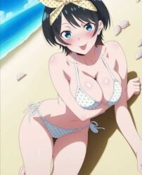 1girls ai_generated arm_under_breasts beach bikini breasts kanojo_okarishimasu lying_on_side sarashina_ruka smile tongue_out