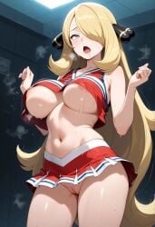 ahe_gao ai_generated blonde_hair cheerleader cheerleader_uniform cynthia_(pokemon) dancing drooling pussy sweating underboob