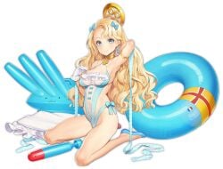 :3 arm_behind_head arm_up armlet armpits azur_lane bare_legs bare_shoulders barefoot black_background blonde_hair blue_bow blue_eyes blue_footwear blue_ribbon blush bow breasts casual_one-piece_swimsuit cg choker cleavage closed_mouth collarbone covered_navel earrings emile_bertin_(azur_lane) emile_bertin_(cote_d'azur)_(azur_lane) female frills full_body gloves groin hair_ornament hairbow halo halterneck hand_up high_heels highleg highleg_swimsuit inflatable_toy innertube jewelry kneeling large_breasts lifebuoy long_hair looking_at_viewer medium_breasts navel official_alternate_costume official_art one-piece_swimsuit parted_bangs shoes sideboob simple_background sitting smile solo star_earrings swim_ring swimsuit thighs torpedo transparent_background very_long_hair wariza wavy_hair white_gloves