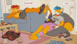 anthro barefoot bulge dirty_feet dirty_socks dragon duo feet feline hi_res male male_only mammal musk niki sandal smelly thaz_(artist) thaz_(character)