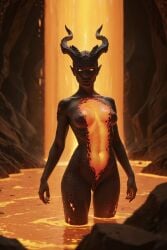 1girls ai_generated cave curved_horns dark_skin demon demon_girl elemental elemental_humanoid female fire_elemental fully_nude glowing_eyes glowing_nails glowing_skin horns hourglass_figure lava lava_bath lava_fall lava_pool looking_at_viewer macfiz naked naked_female orange_eyes orange_nails orange_skin partially_submerged pointed_ears scales underground