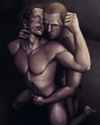 2boys body_hair faust_(s.t.a.l.k.e.r.) from_behind gay hand_on_neck handjob kneeling male male_penetrating nipples penis precum precum_drip reach_around s.t.a.l.k.e.r. s.t.a.l.k.e.r._2:_heart_of_chornobyl strider_(s.t.a.l.k.e.r.)