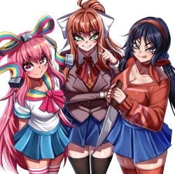 2d 2d_(artwork) 3girls blue_hair breasts brown_hair cleavage clothed clothing doki_doki_literature_club giffany gravity_falls miside mita_(miside) monika_(doki_doki_literature_club) pink_hair school_uniform schoolgirl tv tv_screen white_background yandere yandere_eyes