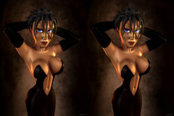 1girls 3d arcadonna artist_name bare_shoulders big_breasts black_dress black_gloves black_hair blue_eyes busty cleavage curvy detailed_background elbow_gloves eyelashes female female_only front_view gloves hourglass_figure human kondaspeter lipstick looking_at_viewer makeup pose posing red_lipstick shiny shiny_skin short_hair solo standing voluptuous wide_hips