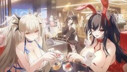 5girls 6+girls ahoge alternate_costume animal_ears azur_lane bare_shoulders black_hair blonde_hair bow bowtie breasts brown_hair cake cg choker cleavage collarbone detached_collar detached_sleeves dress fake_animal_ears food fork formidable_(azur_lane) fox_ears fruit hair_between_eyes hair_ornament holding holding_fork horns huge_breasts indoors japanese_clothes large_breasts leotard long_hair looking_at_viewer multiple_girls nail_polish official_alternate_costume official_art open_mouth pink_hair playboy_bunny rabbit_ears red_bow red_eyes red_leotard red_nails smile strapless strapless_leotard table taihou_(azur_lane) taihou_(fun_on_the_baize)_(azur_lane) twintails very_long_hair white_dress white_leotard wrist_cuffs