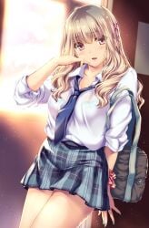 1girls aqua_skirt bag blonde_hair blue_nails blue_necktie breasts collared_shirt commentary_request cowboy_shot dress_shirt female gyaru hair_ornament highres hiiragi_kurumi kiss_kara_hajimaru_gyaru_no_koi kogal long_hair looking_at_viewer medium_breasts monety necktie parted_lips plaid_clothes plaid_skirt pleated_skirt red_scrunchie school_bag school_uniform scrunchie shirt skirt sleeves_past_wrists solo standing white_shirt wing_collar wrist_scrunchie x_hair_ornament yellow_eyes
