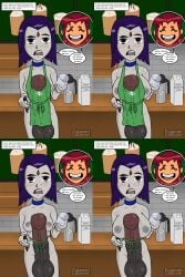 apron apron_only breasts cock dick dickgirl female futanari futanaricatlover horse_penis horsecock horsecock_futa horsecock_on_humanoid intersex large_breasts meme nude nude_female nude_futanari raven raven_(dc) small_breasts starbucks starbucks_barista starbucks_meme starbucks_parody starbucks_uniform starfire teen_titans
