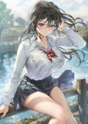 1girls black_bra black_hair black_skirt blush bow bowtie bra bra_visible_through_clothes breasts brown_eyes closed_mouth collarbone collared_shirt commentary_request hand_in_own_hair hand_up highres large_breasts long_sleeves looking_at_viewer original outdoors pleated_skirt red_bow red_bowtie sage_joh shirt shirt_tucked_in sitting skirt solo thighs underwear white_shirt