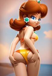 2025 3d ai_generated background beach bikini brown_hair butt civitai crown d3rmal earrings grabbing grabbing_ass half-closed_eyes long_hair looking_at_viewer mario_(series) naughty_face nintendo posing princess_daisy pussy seductive showing_pussy sky smirk squeezing tagme water