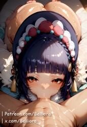 1boy 1girls ai_generated ass belliora blowjob bra breasts completely_nude female genshin_impact hat kneeling kneeling_oral_position licking_penis lingerie long_hair looking_at_partner makeup male nude oral_sex panties partially_nude penis petite plant purple_hair purple_lingerie red_eyes sex small_breasts sofa stockings tip_tease tongue yun_jin_(genshin_impact)