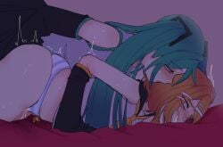 2girls aqua_hair bed blonde_hair blue_eyes blue_hair blush bottomless clothed_sex covering_another's_mouth detached_sleeves dim_lighting drooling drooling_on_another gagged hair_ornament hairclip hand_gagged hand_over_another's_mouth hatsune_miku highres implied_fingering implied_sex kagamine_rin motion_lines multiple_girls necktie on_bed open_mouth panties pinned pockiseisont pussy_juice rolling_eyes saliva saliva_on_hand sex shirt striped_clothes striped_panties sweat twintails underwear vocaloid yuri