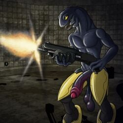 alien anthro armor athletic balls clothed clothing erection genitals gun halo_(series) hi_res inside long_balls long_penis male mandibles microsoft noodlybat open_mouth orange_eyes partially_clothed penis ranged_weapon saggy_balls sangheili shooting shotgun solo topless topless_male vein veiny_penis weapon xbox_game_studios