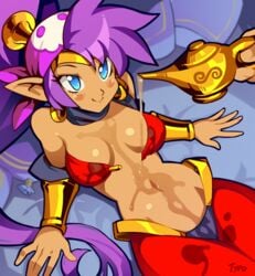 1boy 1girls breasts cleavage dark-skinned_female dark_skin female female_focus female_only oil oiled optionaltypo purple_hair shantae shantae_(character) smooth_skin solo_focus very_long_hair wayforward