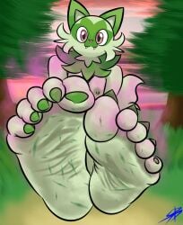 anthro anthrofied areola barefoot blue_sky breasts cloud colored_nails dirty dirty_feet feet female foot_fetish foot_focus fur furry generation_9_pokemon grass green_body green_fur green_nails hi_res humanoid_feet looking_at_viewer musk musk_clouds musky_feet nails nintendo nipples nude plant plantigrade pokemon pokemon_(species) pokemorph red_eyes signified-blue sky smelly smelly_feet soles solo sprigatito steamy_feet tree white_clouds wrinkled_feet wrinkles