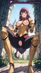 1girls 2025 ai_generated armor armored_boots braided_ponytail breasts cleft_of_venus elf elf_ears esil_radiru female hi_res highres labia lips long_hair looking_at_viewer natsuyoru nipples open_mouth outdoors patreon pointed_ears pointy_ears purple_eyes purple_hair pussy smile solo solo_leveling spread_legs squat squatting torn_clothes vagina voluptuous voluptuous_female