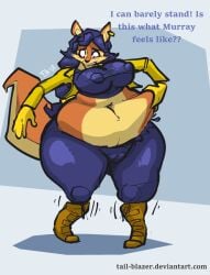 2018 anthro belly big_belly big_breasts blue_hair breasts canid canine carmelita_fox clothing female fox genitals gloves hair handwear mammal nipples overweight pussy simple_background sly_cooper_(series) solo sony_corporation sony_interactive_entertainment sucker_punch_productions tail-blazer text thick_thighs