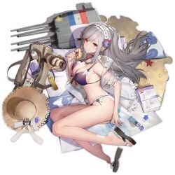 alternate_costume ass azur_lane bag bare_legs bare_shoulders barefoot beach_mat beach_towel bikini black_background blue_butterfly blush book braid breasts butterfly_hair_ornament can cannon cg choker cleavage closed_mouth collarbone cooler cross crown_braid cup doughnut dunkerque_(azur_lane) dunkerque_(summer_sucre)_(azur_lane) feet female flip-flops flower food front-tie_bikini front-tie_bikini_top front-tie_top fruit full_body grey_hair hair_flower hair_ornament hairband halterneck hat high_heels holding holding_food jewelry large_breasts long_hair looking_at_viewer lotion_bottle lying machinery navel official_alternate_costume official_art on_side open_clothes picnic_basket ponytail purple_bikini red_eyes sand sandals see-through shell sidelocks silver_hair sitting solo starfish stomach straw_hat string_bikini sunglasses sunscreen swimsuit thighs toenail_polish toes transparent_background turret yokozuwari