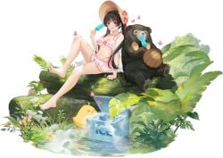 animal arm_support azur_lane bare_legs barefoot bear bikini bikini_skirt black_hair breasts cellphone cg cleavage collarbone feet female flower food frilled_bikini frills full_body hat highleg holding holding_food ice ice_cream legs long_hair looking_at_viewer medium_breasts navel official_alternate_costume official_art open_mouth phone pink_bikini popsicle red_eyes sakawa_(azur_lane) sakawa_(icy_indulgence)_(azur_lane) sitting small_breasts solo stomach straw_hat swimsuit toes tongue tongue_out transparent_background twintails very_long_hair water white_bikini
