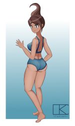 1girls asahina_aoi ass barefoot brown_hair butt chaotickentro danganronpa danganronpa:_trigger_happy_havoc feet female female_only female_solo looking_at_viewer looking_back short_brown_hair short_hair solo solo_female solo_only swimsuit swimwear