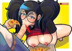 1boy 1girls 2d :>= breasts cock dick eyeglasses fellatio nipples nsfw oral penis pizza pizza_thot stevechopz straight tips_(gats) tongue_out uncensored