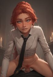 ai_generated blush clair_obscur:_expedition_33 clothed clothed_sex collared_shirt maelle_(clair_obscur:_expedition_33) necktie orgasm red_hair riding sex white_shirt