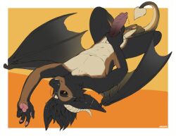anthro back_wings bat dragon genitals gesture heart_(marking) horn humanoid hybrid knot knotted_penis looking_at_viewer lying male mammal markings megabat mythological_creature mythological_scalie mythology non-canine_knot on_back oreobird penis piercing scalie solo spade_tail tail waving waving_at_viewer wings yellow_eyes