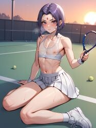 ai_generated athletic athletic_femboy bulge_under_clothes femboy femboy_focus femboy_only g-string penis_in_panties raven_(dc) see-through_clothing skirt skirt_lift sports_bra steaming_body steamy_breath sunset sweat sweaty_body teen_titans tennis_uniform white_clothing white_panties