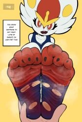 4_toes anthro barefoot bodily_fluids cinderace dialogue dummycervine feet female foot_fetish foot_focus furry generation_8_pokemon hi_res humanoid_feet looking_at_viewer musk musk_clouds musky_feet nintendo paws plantigrade pokemon pokemon_(species) smelly smelly_feet soles steamy_feet sweat sweaty_feet text toes wrinkled_feet wrinkles