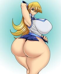 1girls alexis_rhodes armpits ass ber00 big_breasts blonde_hair blue_background brown_eyes busty clothes eyelashes female_only huge_ass huge_breasts human long_hair looking_at_viewer looking_back slightly_chubby smile source_request standing thick_thighs wide_hips yu-gi-oh! yu-gi-oh!_gx