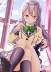 1girls black_panties black_skirt black_socks blazer blue_sky blush bow brown_jacket closed_mouth cloud collared_shirt commentary_request crossed_legs curtains dated day diagonal-striped_bow diagonal_stripes dress_shirt female green_bow grey_hair hair_between_eyes hair_ornament happy_birthday highres indoors jacket kneehighs long_hair looking_at_viewer no_shoes ongeki panties pleated_skirt school_uniform shirt sitting skirt sky smile socks soles solo sumeragi_setsuna underwear very_long_hair white_shirt window xenon_(for_achieve)
