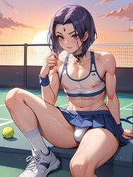 ai_generated athletic athletic_femboy bulge_under_clothes femboy femboy_focus femboy_only g-string penis_in_panties raven_(dc) rule_63 see-through_clothing skirt skirt_lift sports_bra stable_diffusion steaming_body steamy_breath sweat sweaty_body teen_titans tennis tennis_uniform white_clothing white_panties