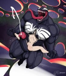 alien alien_humanoid anon ass bald balls big_muscles black_body bodily_fluids cum cumshot digital_media_(artwork) duo ejaculation emblem empty_eyes erection genital_fluids genitals hi_res hot_dogging human humanoid humanoid_genitalia humanoid_penis long_penis long_tongue lsdxiii male male/male mammal marvel moobs muscular nipples not_furry nude open_mouth penis sex sharp_teeth size_difference smile symbiote teeth tongue tongue_out venom_(marvel)