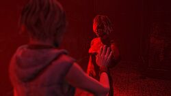 2girls blonde_hair blood_on_body blood_on_face blood_on_hand blood_on_leg bloody_hair cheryl_mason female fully_clothed fully_nude heather_mason mirror mirror_reflection reivoxel selfcest silent_hill silent_hill_3 smiling