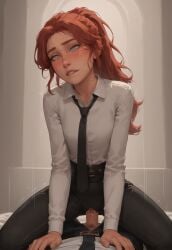 ai-created ai_generated ai_hands blush clair_obscur:_expedition_33 clothed clothed_sex collared_shirt maelle_(clair_obscur:_expedition_33) necktie orgasm pants red_hair riding sex white_shirt
