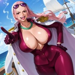 ai_generated breasts breasts_bigger_than_head cleavage clothed clothed_female hina_(one_piece) huge_breasts large_breasts light-skinned_female light_skin long_hair one_piece outdoors pier pink_hair ps-ai suit