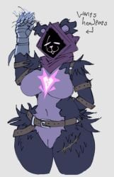 anthro arm_tuft armor bear belt big_breasts breasts chest_markings closed_eyes clothing epic_games eye_scar facial_scar featureless_breasts female fortnite front_view fur gauntlets genitals gloves grey_background hand_behind_head handwear mammal markings navel obscured_face purple_body purple_fur purple_hood pussy raven_team_leader roccorox scar shoulder_tuft simple_background smile solo text thick_thighs tuft wide_hips