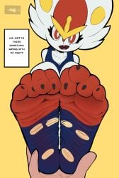 4_toes anthro barefoot cinderace dialogue dummycervine feet female foot_fetish foot_focus furry generation_8_pokemon hi_res humanoid_feet looking_at_viewer nintendo paws plantigrade pokemon pokemon_(species) soles text toes wrinkled_feet wrinkles