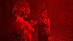 2girls blonde_hair blood_on_body blood_on_face blood_on_hand blood_on_leg bloody_hair cheryl_mason female fully_clothed fully_nude heather_mason mirror mirror_reflection reivoxel selfcest silent_hill silent_hill_3 smiling