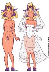 abs blonde_hair breasts bridal_veil buttpants clothes_on_and_off collarbone daemon_(warhammer) demon_horns dress elbow_gloves female gloves highres holding_own_arm hooves horns large_breasts long_dress long_hair looking_at_viewer low_neckline multiple_horns nipples pubic_hair pussy see-through_clothes see-through_dress see-through_veil shy silhouette slaanesh veil warhammer_40k wedding_dress white_gloves