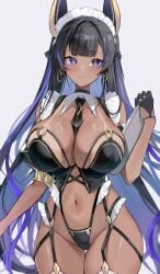 animal_ears azur_lane between_breasts black_gloves black_hair black_necktie blue_eyes blue_hair blush breasts cleavage cleopatra_(azur_lane) closed_mouth colored_inner_hair cowboy_shot dark-skinned_female dark_skin detached_collar earrings female frills garter_straps gloves half_gloves highleg holding hoop_earrings jewelry large_breasts long_hair looking_at_viewer maid maid_headdress multicolored_hair navel necktie purple_eyes purple_hair revealing_clothes simple_background smile solo stomach streaked_hair tan thigh_gap thighhighs thighs tray two-tone_hair very_long_hair white_background