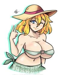 1girls big_breasts bikini blonde_hair blue_eyes breasts breasts_bigger_than_head closed_eye curvy curvy_female curvy_figure el_diario_de_jonathan female female_only jayden_murtons large_breasts light_smile looking_at_viewer peace_sign petina petoart pose posing posing_for_the_viewer short_hair smile smiling_at_viewer solo solo_female standing straw_hat sweat